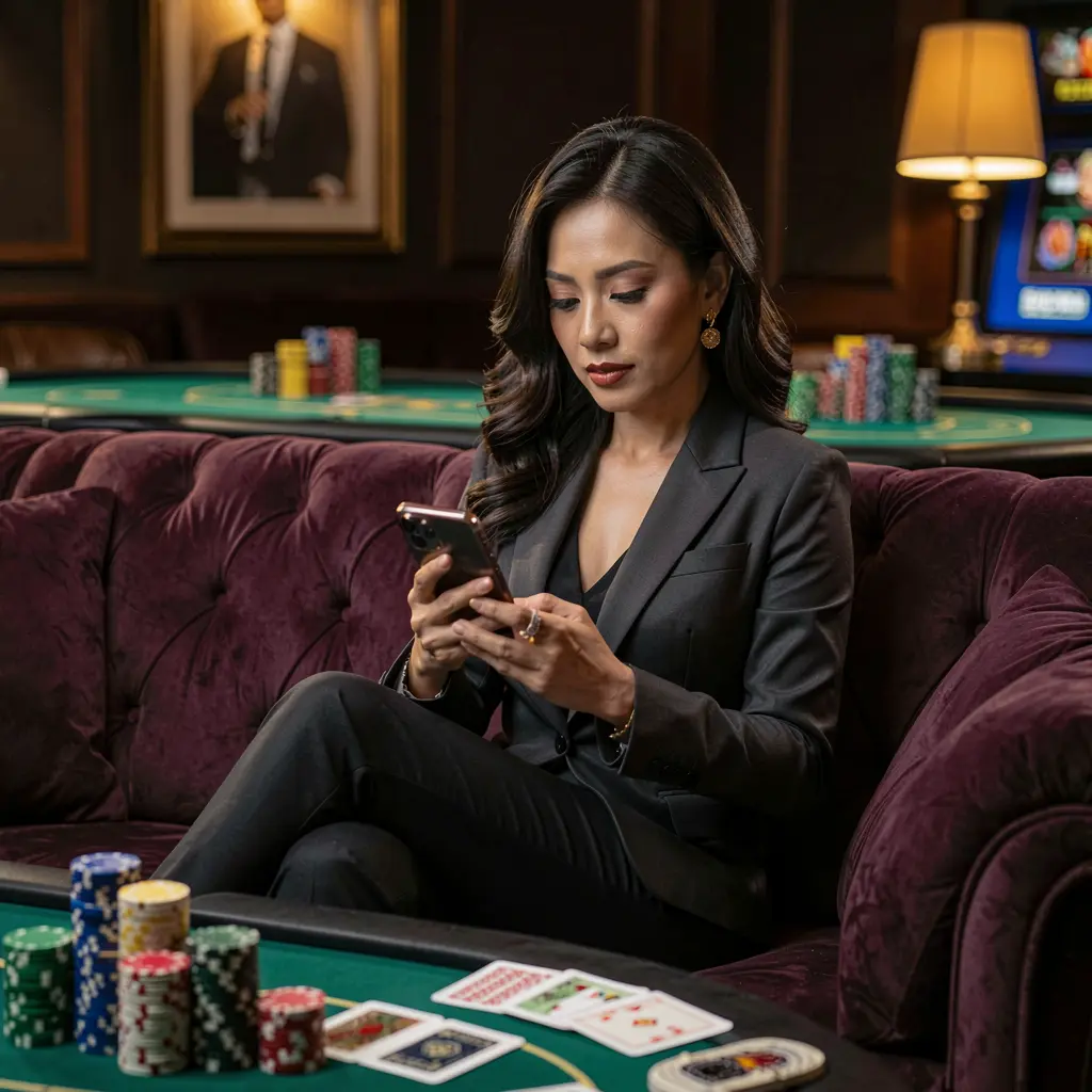 Beautiful young woman relaxing on a sofa while using the UUUPH casino app with glowing chips and cards creating a premium gaming mood