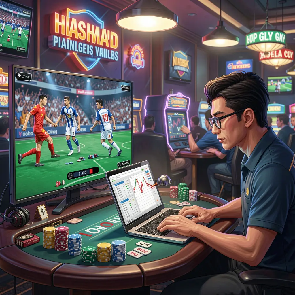 Passionate Filipino sports fan placing strategic online bets on a laptop while following live football action on TV with immersive lighting on UUUPH