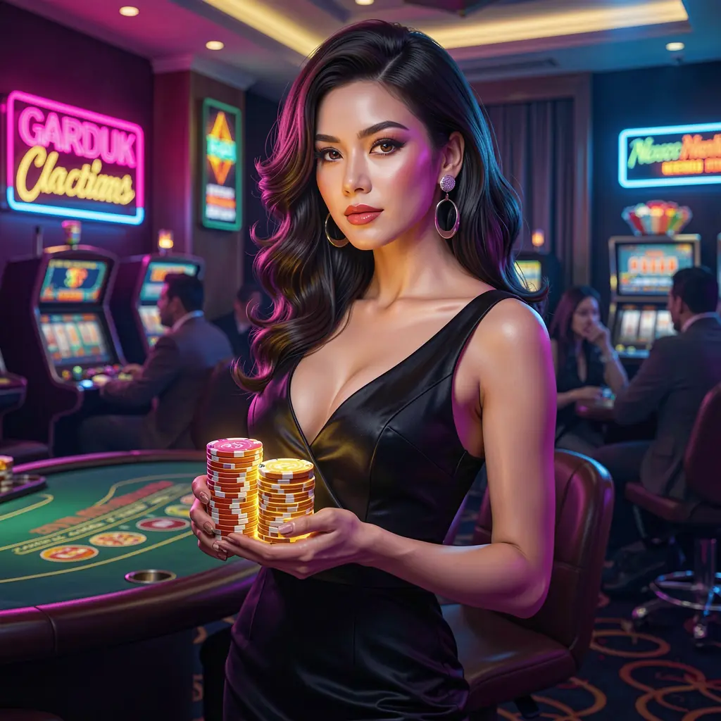 Stylish female player confidently holding casino chips in a vibrant gaming environment at UUUPH showcasing premium online casino entertainment for the Philippines