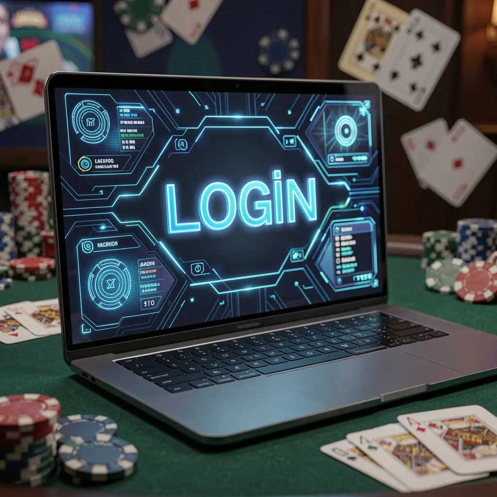 Stylish laptop with a bright login interface surrounded by casino chips and playing cards representing secure account access at UUUPH for players in the Philippines