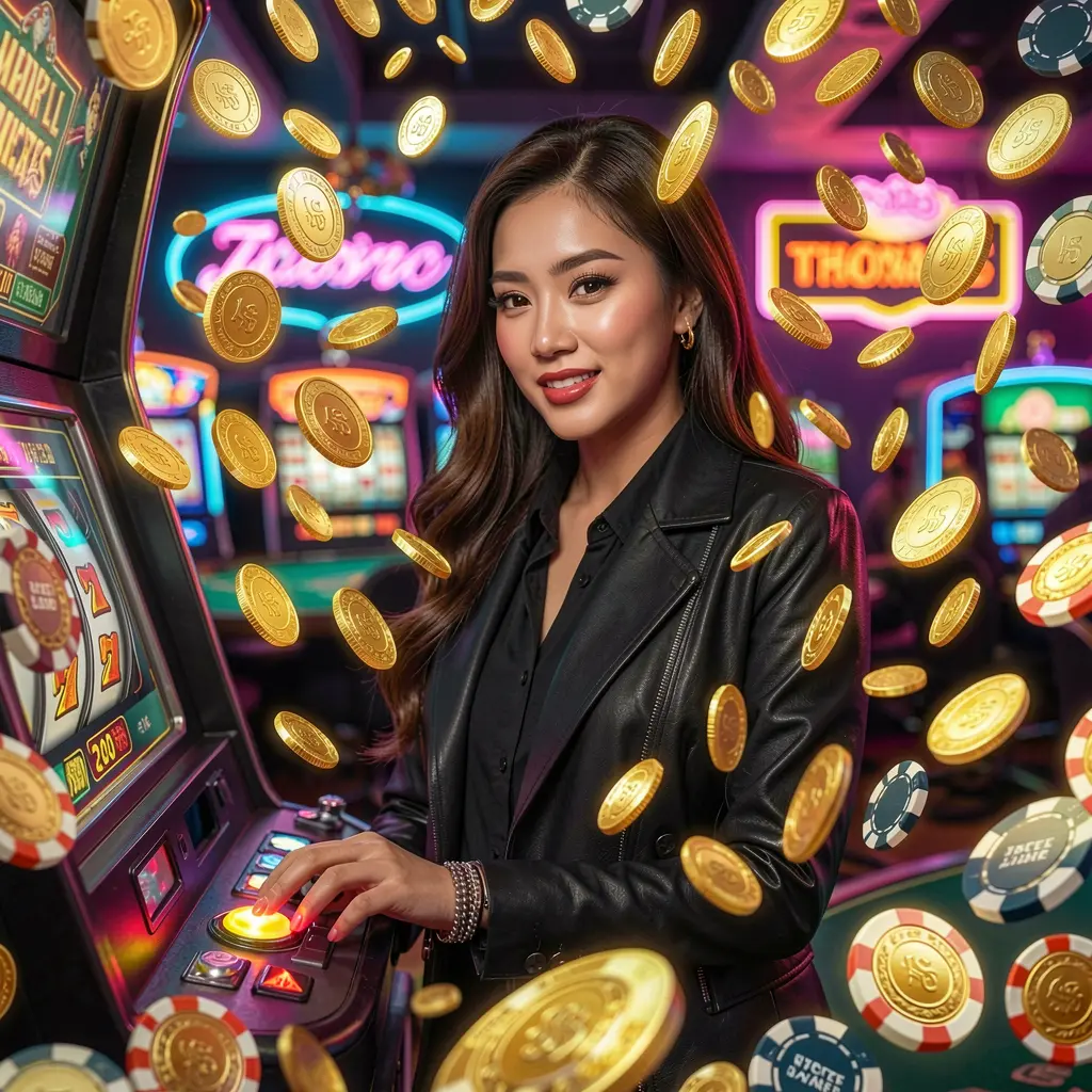 A stylish Filipino woman enjoying an immersive slot machine experience with golden coins falling around her at UUUPH casino in the Philippines